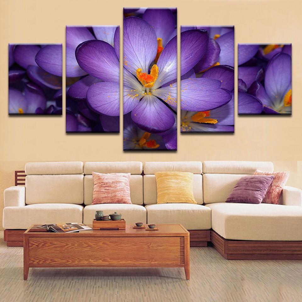 Purple Flowers - Nature 5 Panel Canvas Art Wall Decor Purple Flowers - Nature 5 Panel Canvas Art Wall Decor