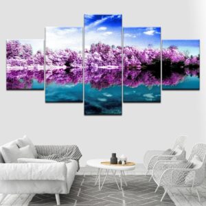 Purple Forest Lake - Nature 5 Panel Canvas Art Wall Decor