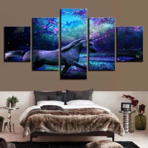 Purple Forest Unicorn - Abstract Animal 5 Panel Canvas Art Wall Decor