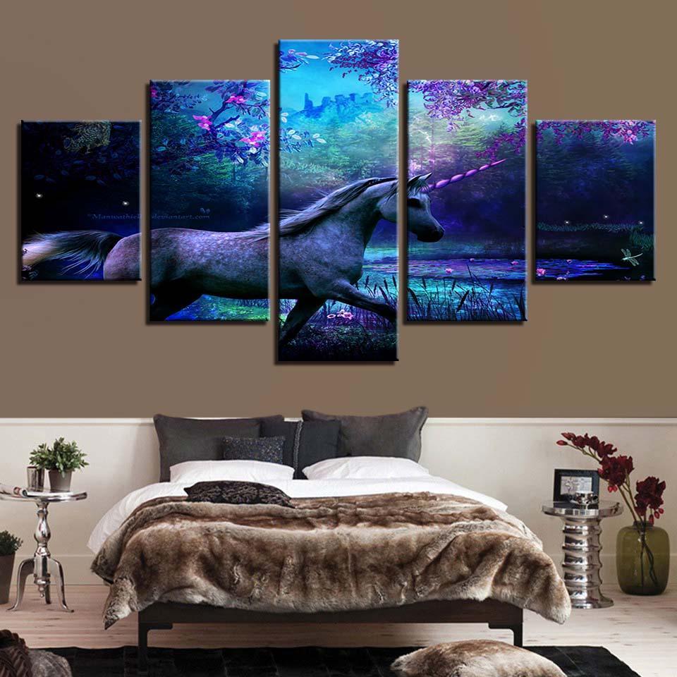 Purple Forest Unicorn - Abstract Animal 5 Panel Canvas Art Wall Decor Purple Forest Unicorn - Abstract Animal 5 Panel Canvas Art Wall Decor