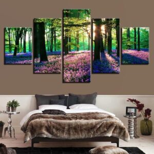 Purple Lavender In The Forest - Nature 5 Panel Canvas Art Wall Decor