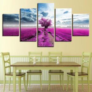Purple Lavender Tree In A Field - Nature 5 Panel Canvas Art Wall Decor