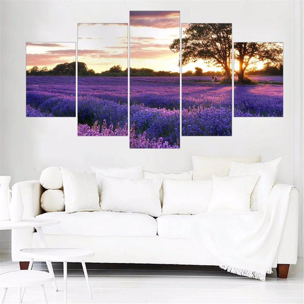 Purple Lavender - Nature 5 Panel Canvas Art Wall Decor Purple Lavender - Nature 5 Panel Canvas Art Wall Decor