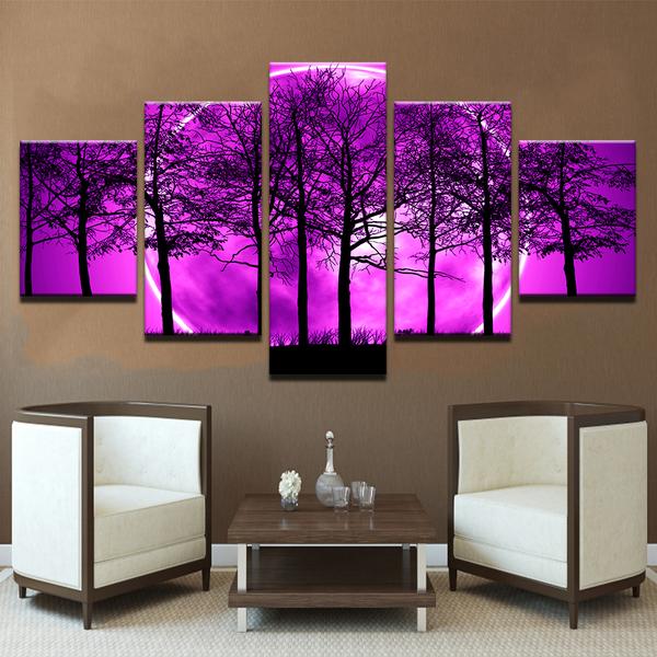 Purple Moon Night Psychedelic - Nature 5 Panel Canvas Art Wall Decor Purple Moon Night Psychedelic - Nature 5 Panel Canvas Art Wall Decor