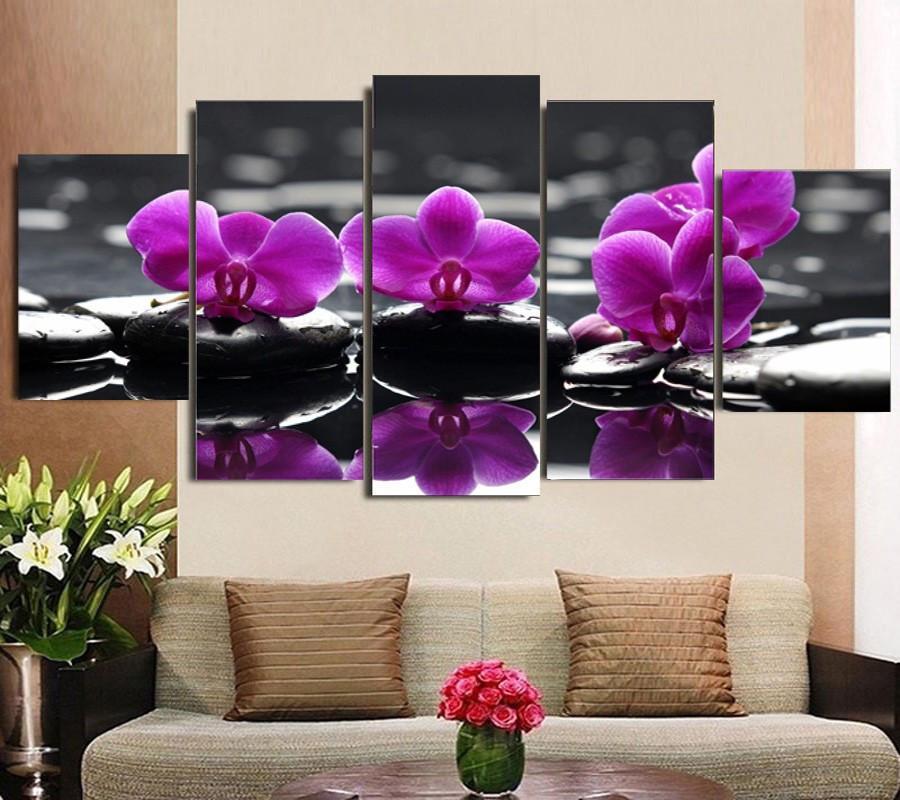 Purple Orchid On Hot Stones - Nature 5 Panel Canvas Art Wall Decor Purple Orchid On Hot Stones - Nature 5 Panel Canvas Art Wall Decor