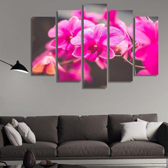 Purple Orchids With Water - Nature 5 Panel Canvas Art Wall Decor Purple Orchids With Water - Nature 5 Panel Canvas Art Wall Decor