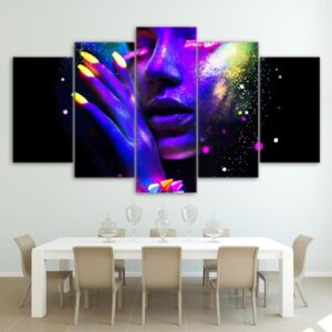 Purple Phosphor Face Color Makeup Woman Sexy Beauty - Abstract 5 Panel Canvas Art Wall Decor