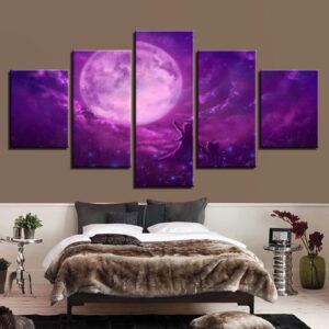 Purple Sky Abstract Moon Night - Space 5 Panel Canvas Art Wall Decor
