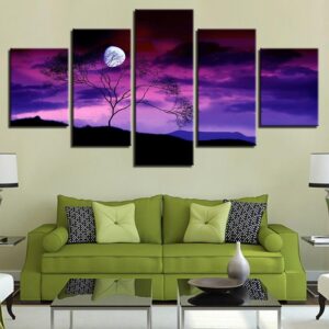 Purple Sky Moon Night - Nature 5 Panel Canvas Art Wall Decor