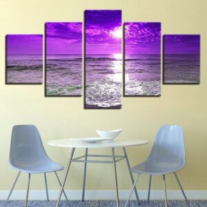 Purple Sky Over Beach - Nature 5 Panel Canvas Art Wall Decor