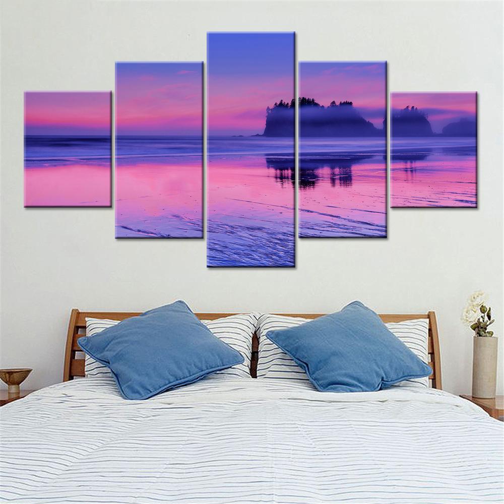 Purple Sky Sea Water And Island Sea - Space 5 Panel Canvas Art Wall Decor Purple Sky Sea Water And Island Sea - Space 5 Panel Canvas Art Wall Decor