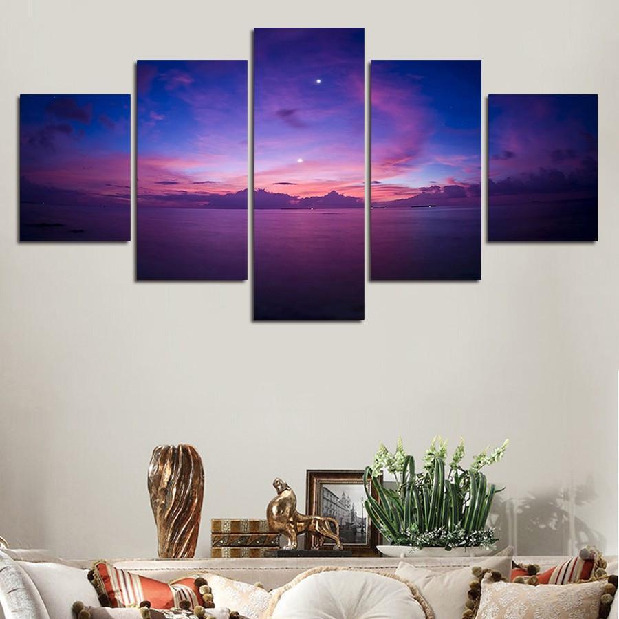 Purple Sunset Over Ocean Skyline - Ocean 5 Panel Canvas Art Wall Decor Purple Sunset Over Ocean Skyline - Ocean 5 Panel Canvas Art Wall Decor