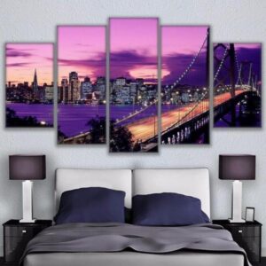 Purple Sunset San Francisco - Nature 5 Panel Canvas Art Wall Decor