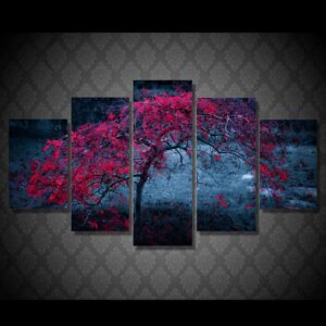 Purple Tree Leave In Autumn - Nature 5 Panel Canvas Art Wall Decor