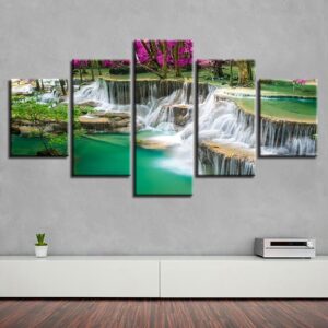 Purple Tree Waterfall - Nature 5 Panel Canvas Art Wall Decor