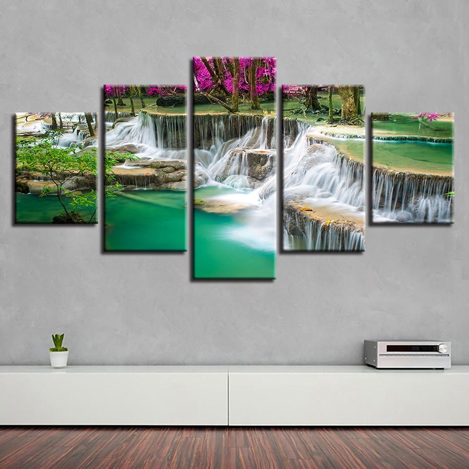 Purple Tree Waterfall - Nature 5 Panel Canvas Art Wall Decor Purple Tree Waterfall - Nature 5 Panel Canvas Art Wall Decor