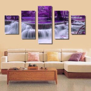 Purple Waterfalls Landscape View - Nature 5 Panel Canvas Art Wall Decor