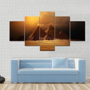 Pyramids In Giza Valley Under Dark Clouds - Nature 5 Panel Canvas Art Wall Decor