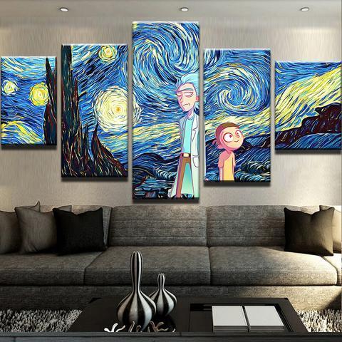 R&M Starry Night - Cartoon 5 Panel Canvas Art Wall Decor R&M Starry Night - Cartoon 5 Panel Canvas Art Wall Decor