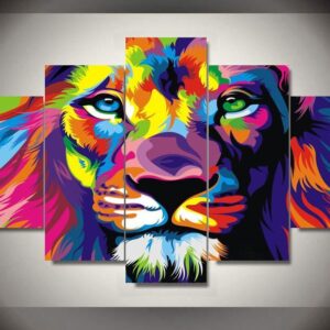 Rainbow African Lion Modern - Abstract Animal 5 Panel Canvas Art Wall Decor
