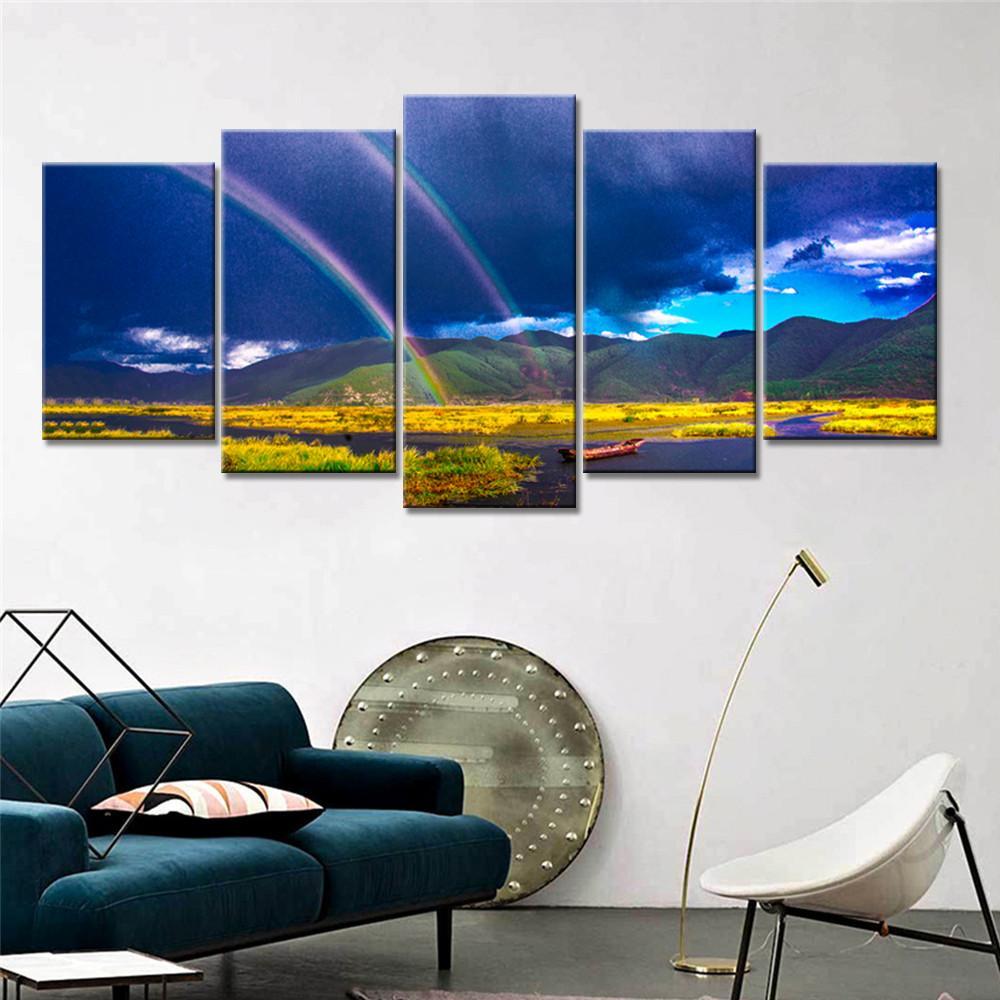 Rainbow And Blue Sky - Nature 5 Panel Canvas Art Wall Decor Rainbow And Blue Sky - Nature 5 Panel Canvas Art Wall Decor