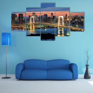 Rainbow Bridge Spanning Tokyo Bay With Tokyo Tower - Nature 5 Panel Canvas Art Wall Decor