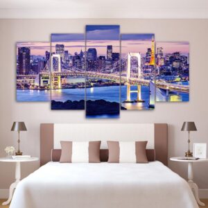 Rainbow Bridge Tokyo Night - Nature 5 Panel Canvas Art Wall Decor
