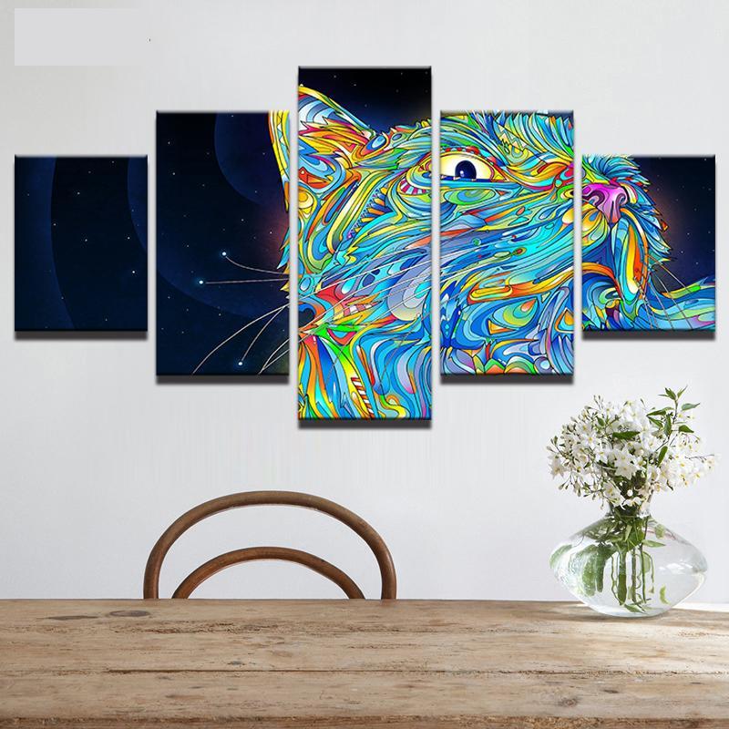 Rainbow Cat Modern - Abstract Animal 5 Panel Canvas Art Wall Decor Rainbow Cat Modern - Abstract Animal 5 Panel Canvas Art Wall Decor