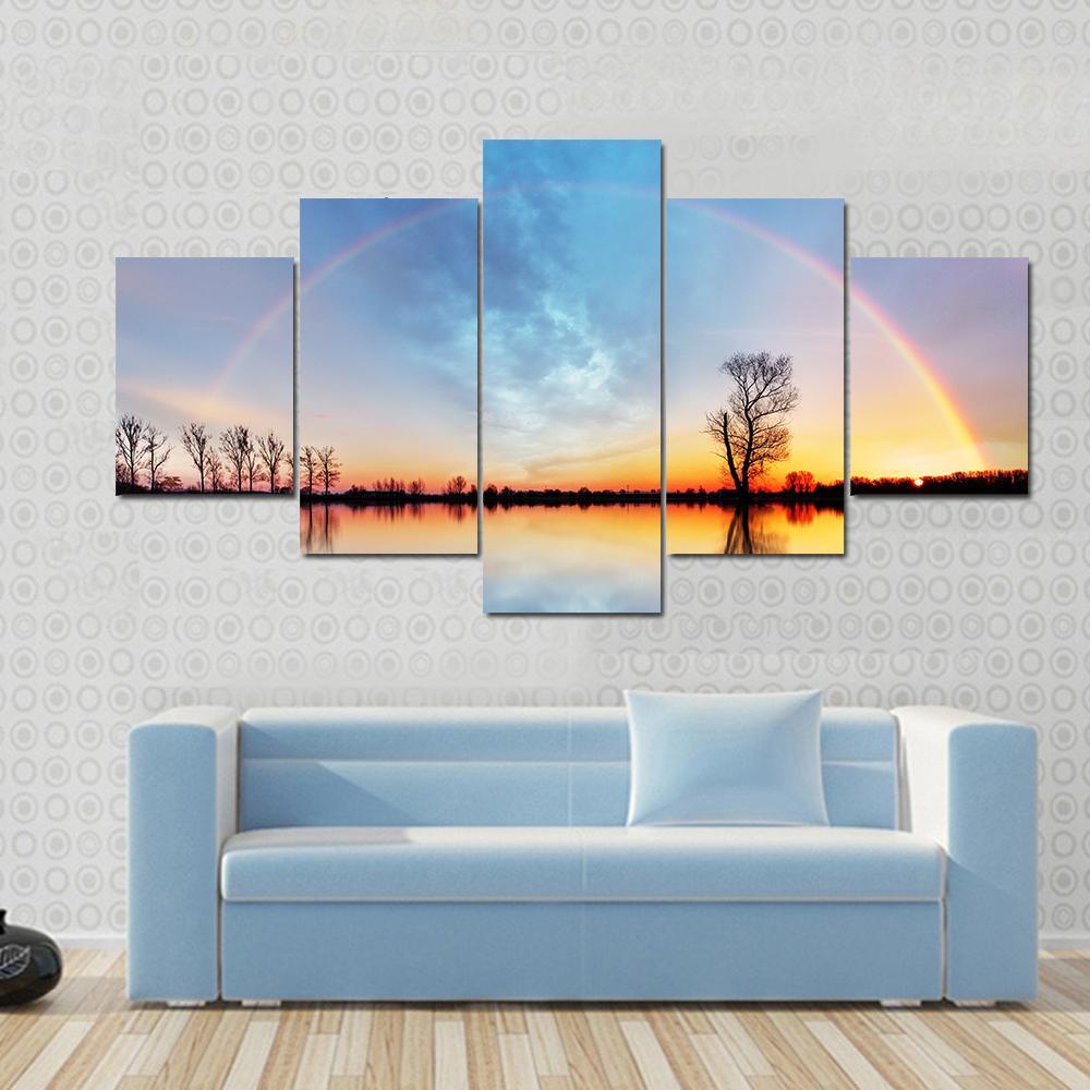 Rainbow Over Trees On Lake Sunrise - Nature 5 Panel Canvas Art Wall Decor Rainbow Over Trees On Lake Sunrise - Nature 5 Panel Canvas Art Wall Decor