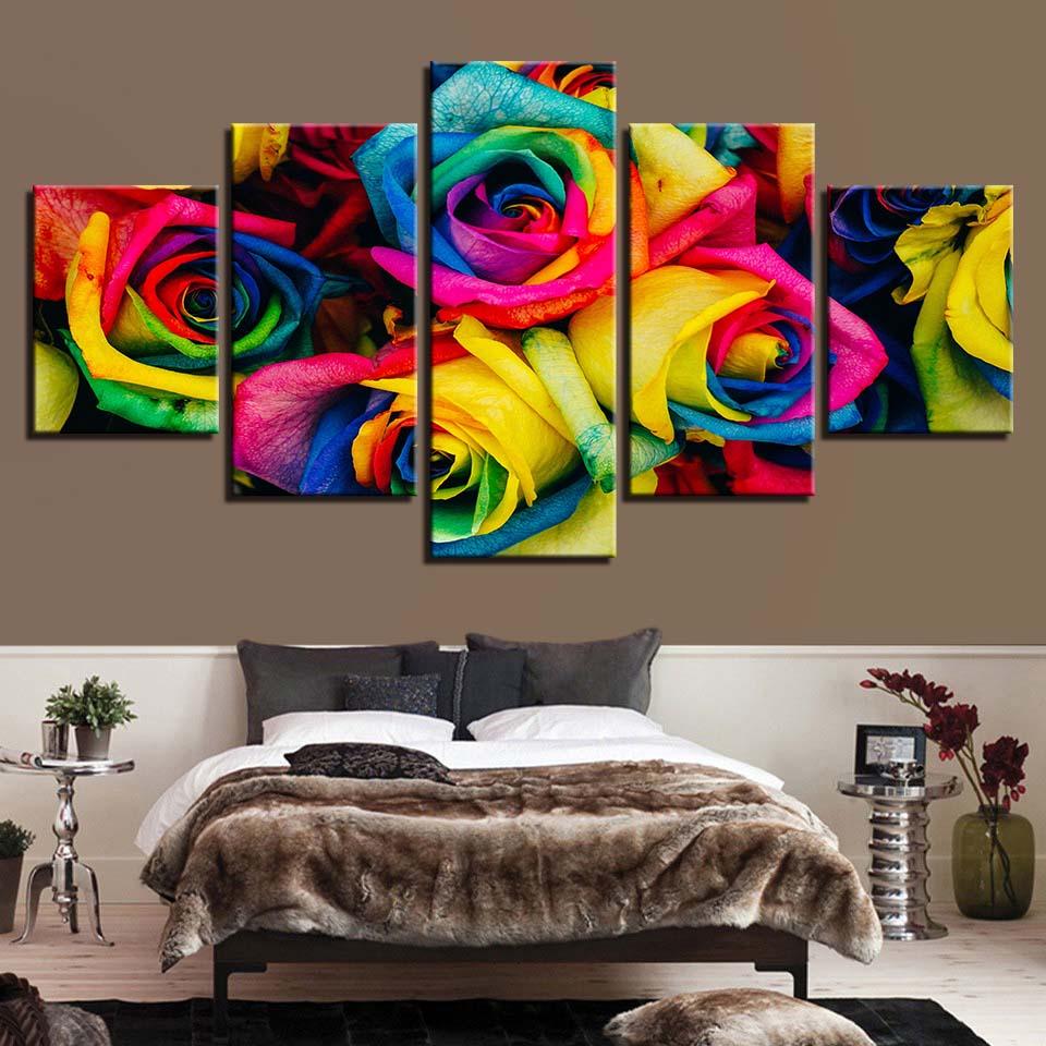Rainbow Rose Flower - Nature 5 Panel Canvas Art Wall Decor Rainbow Rose Flower - Nature 5 Panel Canvas Art Wall Decor