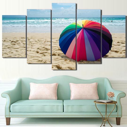 Rainbow Umbrella On The Beach - Space 5 Panel Canvas Art Wall Decor Rainbow Umbrella On The Beach - Space 5 Panel Canvas Art Wall Decor