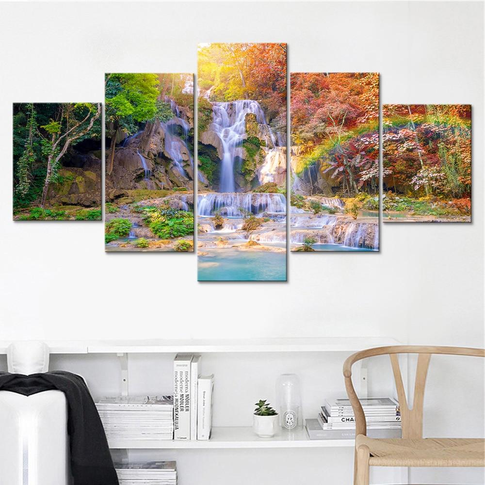 Rainbow Waterfall - Nature 5 Panel Canvas Art Wall Decor Rainbow Waterfall - Nature 5 Panel Canvas Art Wall Decor