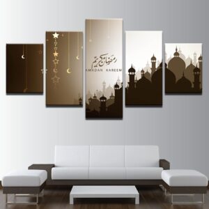 Ramadan Kareem Moon Stars Arabic - Abstract 5 Panel Canvas Art Wall Decor