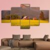 Rapeseed Farm And Barn In Evening Sun Light - Nature 5 Panel Canvas Art Wall Decor
