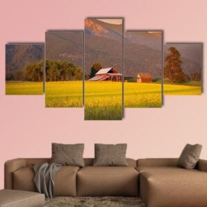 Rapeseed Farm And Barn In Evening Sun Light - Nature 5 Panel Canvas Art Wall Decor