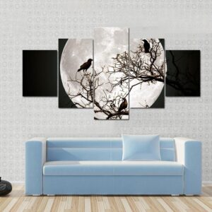 Ravens Sitting On A Tree Shined With The Full Moon - Nature 5 Panel Canvas Art Wall Decor