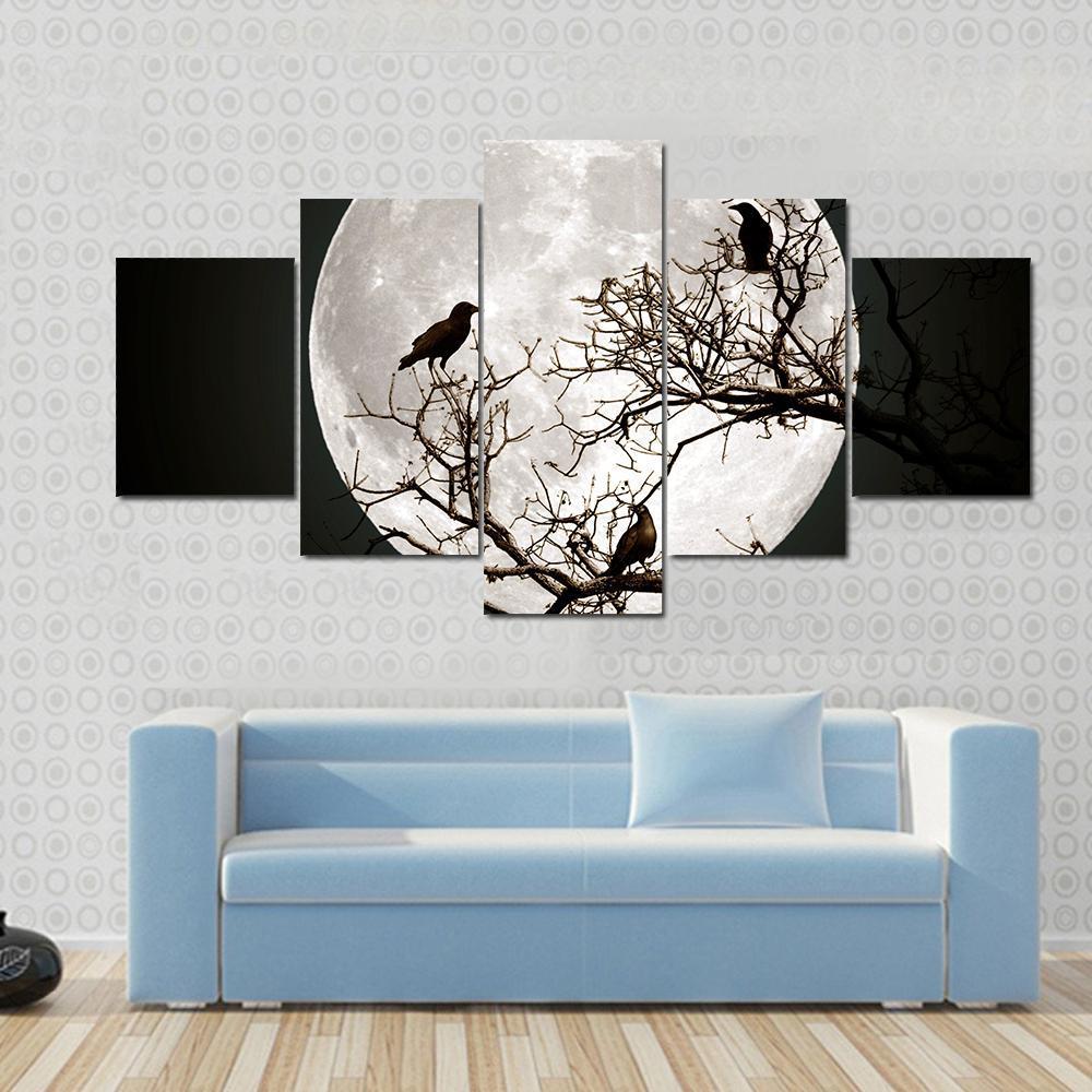 Ravens Sitting On A Tree Shined With The Full Moon - Nature 5 Panel Canvas Art Wall Decor Ravens Sitting On A Tree Shined With The Full Moon - Nature 5 Panel Canvas Art Wall Decor