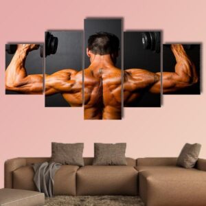 Rear View Of Body Builder With Dumbbells - Sport 5 Panel Canvas Art Wall Decor