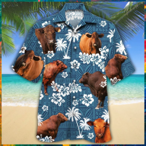 Red Angus Cattle Blue Tribal Hawaiian Shirt