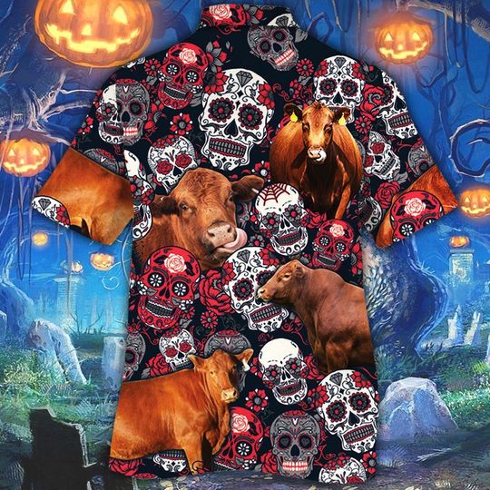 Red Angus Cattle Sugar Skull Floral Hawaiian Shirt Red Angus Cattle Sugar Skull Floral Hawaiian Shirt