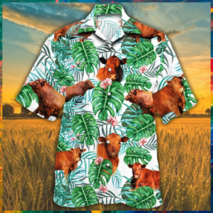 Red Angus Cattle Tropical Plant Hawaiian Shirt