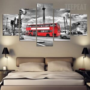 Red Bus In The City - Automative 5 Panel Canvas Art Wall Decor