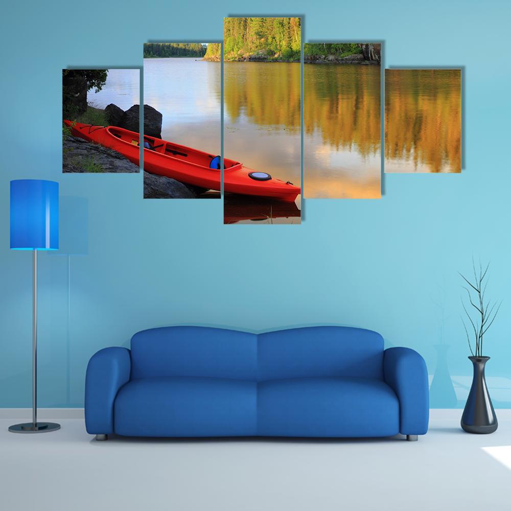 Red Canoe Sitting On Rocks At Lake - Nature 5 Panel Canvas Art Wall Decor Red Canoe Sitting On Rocks At Lake - Nature 5 Panel Canvas Art Wall Decor