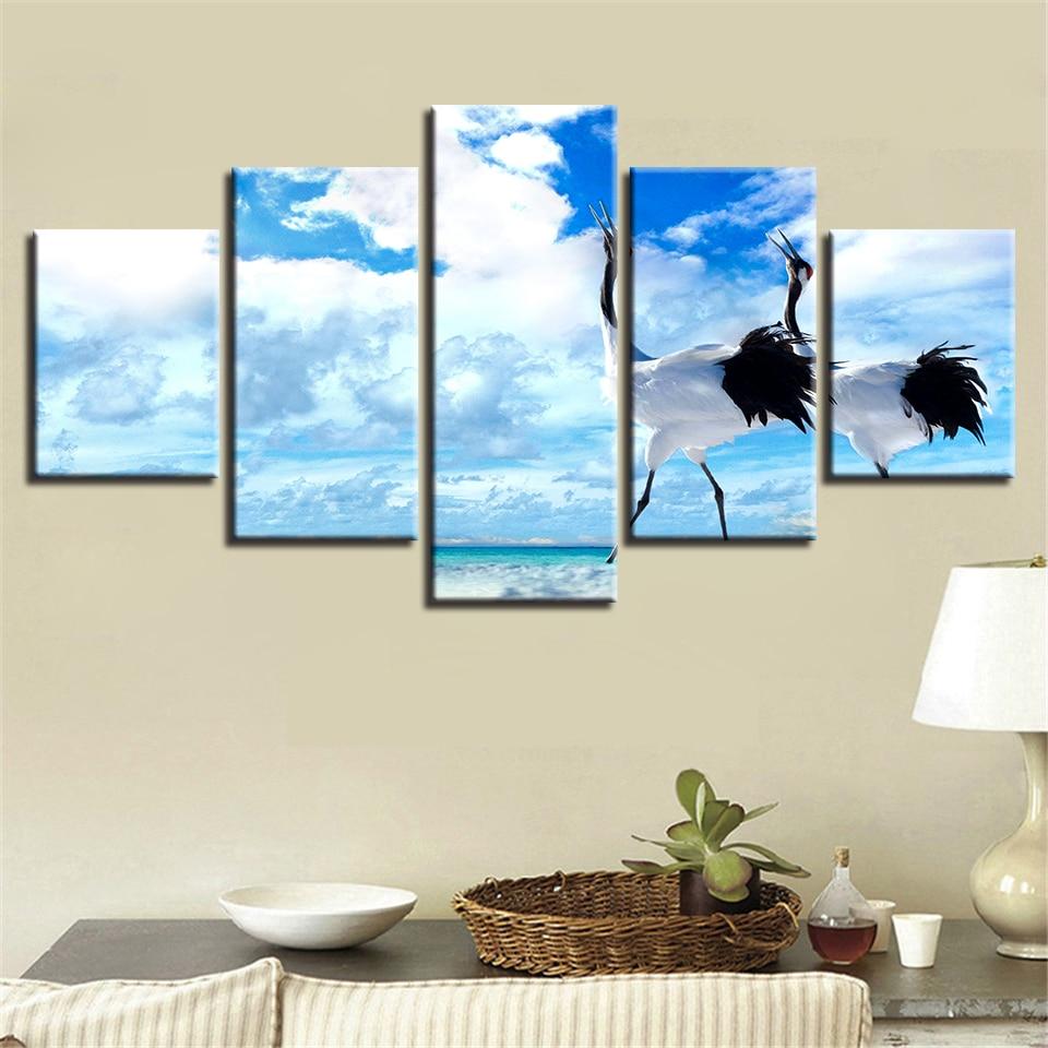 Red-Crowned Crane Blue Sky - Animal 5 Panel Canvas Art Wall Decor Red-Crowned Crane Blue Sky - Animal 5 Panel Canvas Art Wall Decor