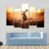 Red Deer Looking Around In Morning Sun - Animal 5 Panel Canvas Art Wall Decor