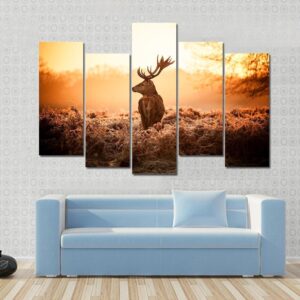 Red Deer Looking Around In Morning Sun - Animal 5 Panel Canvas Art Wall Decor