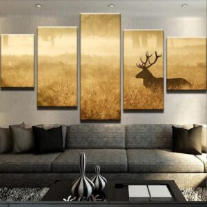 Red Deer Silhouette - Animal 5 Panel Canvas Art Wall Decor