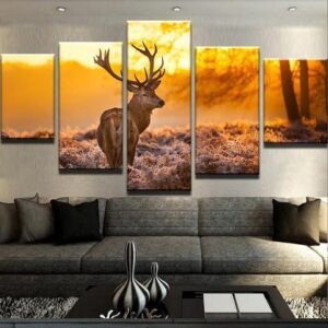 Red Deer Sunset - Animal 5 Panel Canvas Art Wall Decor