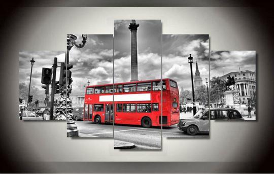 Red Double Decker Bus London England - Automative 5 Panel Canvas Art Wall Decor Red Double Decker Bus London England - Automative 5 Panel Canvas Art Wall Decor