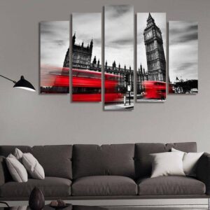 Red Double Decker Bus - Automative 5 Panel Canvas Art Wall Decor